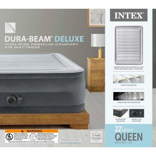 Intex 64417ED 22in Queen Dura-Beam Comfort Plush High-Rise Inflatable Air Mattress with Built in Pump for Travel and Camping, 600lb Weight Capacity
