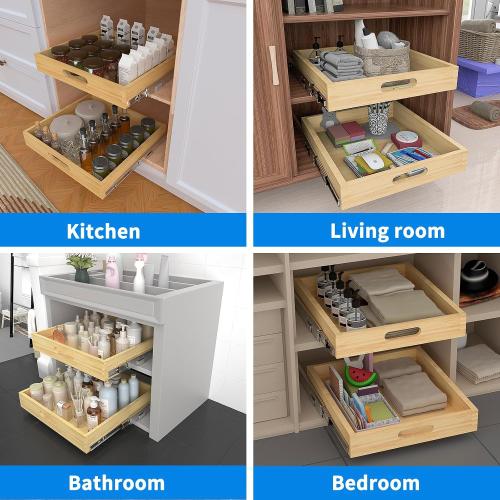 Wooden Pull Out Cabinet Organizer, 1PC 21” W x 21” D Soft Close Slide Out Wood Drawer Storage Shelves for Kitchen, Base Cabinet Organization for Pantry, Finished, Heavy-Duty, Bottom Assembly