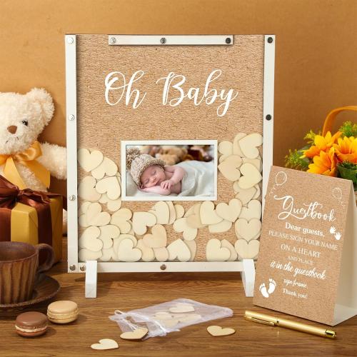 Thyle 65 Pcs Baby Shower Guest Book Alternative He or She Gender Reveal Baby Shower Favors Baby Shower Sign in Guest Book with 60 Wooden Hearts Baby Shower Picture Frame Birthday Decor(Kraft)