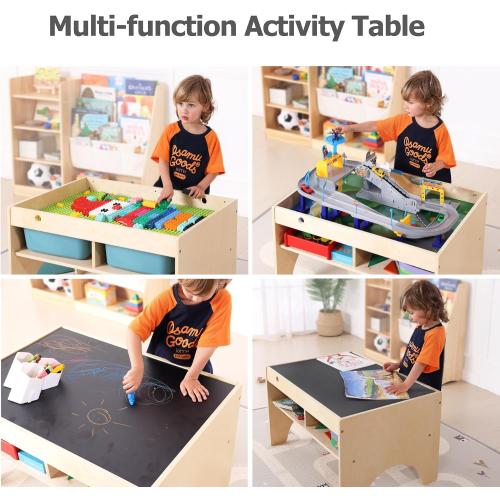 Kids 3-in-1 Wooden Art & Activity Table Playset Furniture with 4 Compartments for Storage, Play Table Compatible with Blocks&Bricks and Train Set for Preschool Toddler Boy & Girl (STD.)