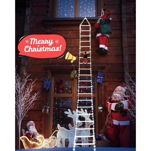 Christmas Decorations LED Ladder Lights with Climbing Santa Claus, 10ft Outdoor Christmas Decorative Light - 8 Modes Xmas Lights Tree for Home Holiday Wall Window Xmas Decor (Cool White)