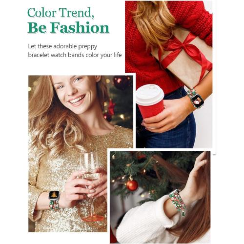 Christmas Beaded Bracelet Band Women Compatible with Apple Watch 42mm(S3/2/1) 44/45/46/49mm Cute Preppy Handmade Elastic Stretch Strap for iWatch Series 11/10/9/8/7/6/5/4/3/2/1/SE/Ultra (M)