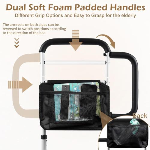 Bed Rails Grab Bar Bed Handrails for Elderly Adults Safety, Bed Cane for Seniors with Foam Handle and Storage Pocket, Adjustable Bedside Assist,ASTM Approved.