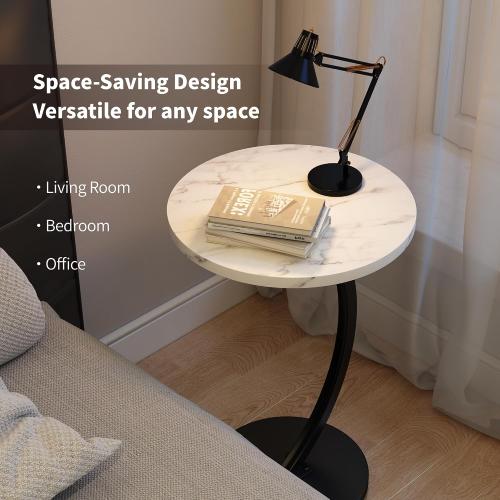 C Shaped Side Table End Table Round Small Side Table,White & Black | C Shaped End Table Metal Frame for Sofa Bed Couch Living Room Bedroom Small Spaces Bedside TV Tray Accent Nightstand Table