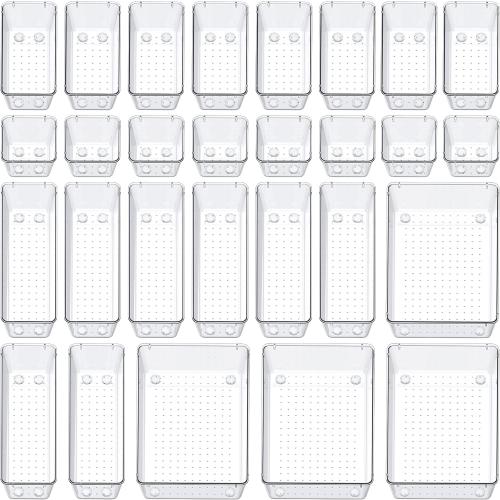 SMARTAKE 28 Piece Drawer Organizers with Non-Slip Silicone Pads, 4-Size Desk Drawer Organizer Trays Storage Tray for Makeup, Jewelries, Utensils in Bedroom Dresser, Office and Kitchen, Clear