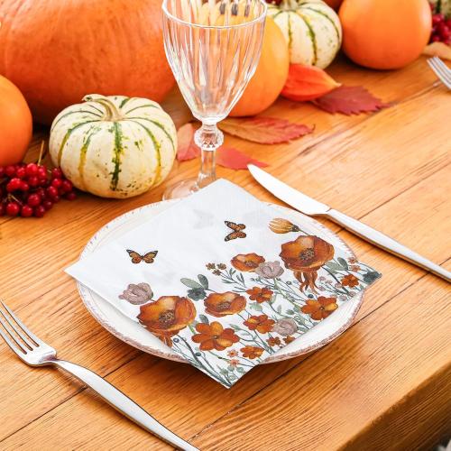 JarThenaAMCS 50Pcs Fall Floral Paper Napkins  for Thanksgiving Harvest Wedding Birthday Party Supplies