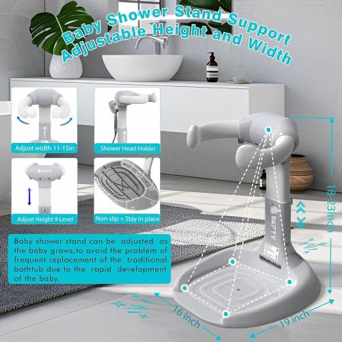 Baby Shower Stand with Anti-Slip Base & Anti-Pinch Silicone, Adjustable Foldable Baby Bath Support for Toddlers 6-36 Months, Portable Standing Helper with Shower Holder | Soporte para Bañera de Bebé