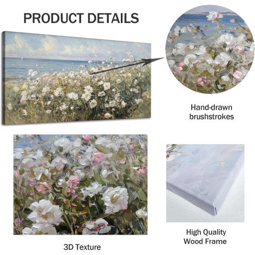 large Canvas Wall Art Coastal Flowers Wall Painting Beach Floral 3d Textured Picture Landscape Wildflowers Artwork Prints Seascape Aesthetic Artwork for Living Room Office Home Decoration 24x48