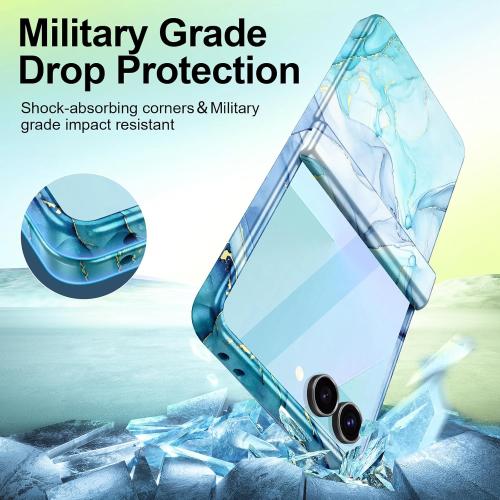 Blue Cyan Btscase for Samsung Galaxy Z Flip 7 Case,Built in Front Screen Protector,Gold Glitter Marble Pattern Hard PC Slim Shockproof Full Body Drop Protective Case for Galaxy Z Flip 7 5G (2025)