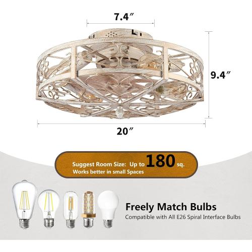 Size 20 Caged Ceiling Fan with Light,Vintage Rustic Farmhouse Kitchen Decor,Bladeless Ceiling Fans with Lights and Remote,Low Profile Fan for Bedroom,Reversible 6 Speeds Motor,4 E26 Bulbs Included