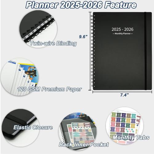 Monthly Planner 2026 (7.4'' x 9.6''), Jul 2025-Dec 2026, 18 Months Calendar Academic Planner, Agenda with Bookmark & Pocket, Perfect for School & Work, 120GSM Paper, Black