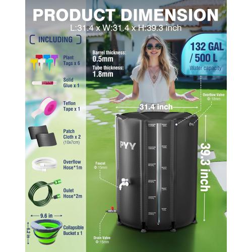PYY Rain Water Collection Barrel - 132 Gallon Black Water Storage Tank with Spigot, Hose and Portable Bucket, Large Plastic Collapsible Rain Catcher Catchment System to Collect Rainwater from Gutter