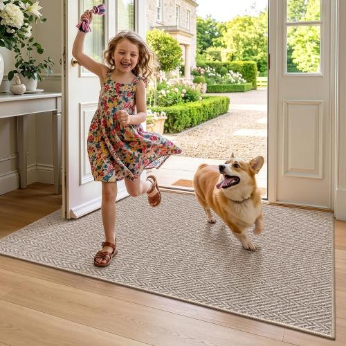 LUMI Ultra Thin Indoor Door Mat for Entrance 24x36, Non Slip Entryway Mat, Low Profile Doormat, Unique Herringbone Design Carpet for Inside, Patio, Porch, Deep Beige