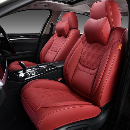 Car Seat Covers Front Pair, Breathable Leather Automotive Front Seat Covers with Headrest, Universal Automotive Vehicle Seat Cover for Most Sedan SUV Pick-up Trucks, Wine Red
