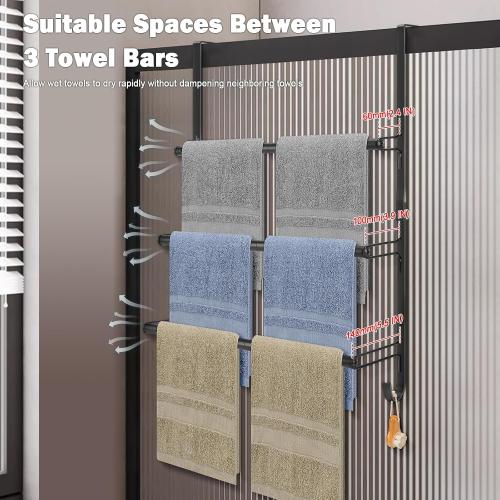 Livabber 3-Tier Over The Door Towel Rack, All Metal Towel Rack with Hooks for Door Hanging, Behind Door Towel Bar Towel Storage Holder for Bathroom Accessories, Black (19.37 L x 5.9 W x 24.4 H)