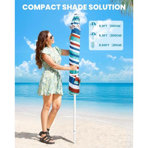 OutdoorMaster Beach Umbrellas for Sand with Sandbag & Anchor, 6.5ft Adjustable Umbrella for Beach Heavy Duty Wind, Portable UPF50  Sunshade with Carry Bag for Patio, Blue Red Striped