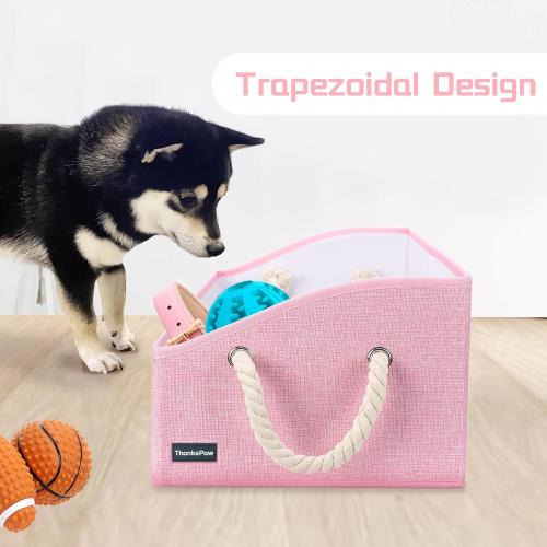 Collapsible Fabric Dog Toy Box and Storage Bin With Handle - Trapezoid Basket Chest Organizer for Pet Toys, Blankets and Accessories, Pink