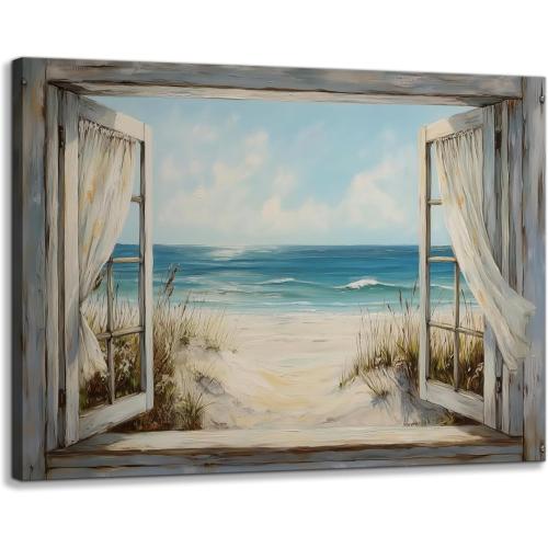 Window View Coastal Canvas Wall Art Vintage Country Ocean Seascape Painting Picture Wall Decor Rustic Nature Beach Scene Poster Print Artwork for Living Room Bathroom Bedroom Home Decoration FRAMED
