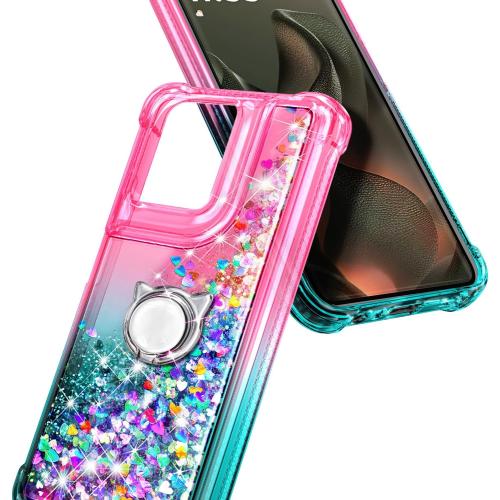 Missing - strap    Compatible with Motorola Edge-2025 Case Pink/Aqua | Bling Sparkly Glitter Floating Liquid Waterfall Cute Phone Cover for Women Girls Kids with Ring Holder Grip Missing - Diamond Wrist Strap Lanyard