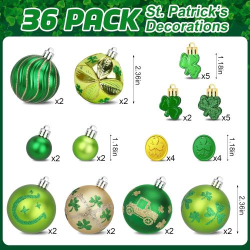 36Pcs Hanging Ball Ornaments St Patricks Day Decorations, Shamrock Tree Ornaments Irish Festival Good Luck Clover Green Gold Ball for Party Home Spring Shelf Shamrock Decorations