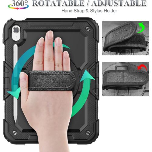 SEYMAC stock Case for iPad (A16) 11th/10th Generation 11''/10.9'' 2025/2022, Full-Body Drop Protection Case with Screen Protector &360° Rotate Hand Strap/Stand, Black