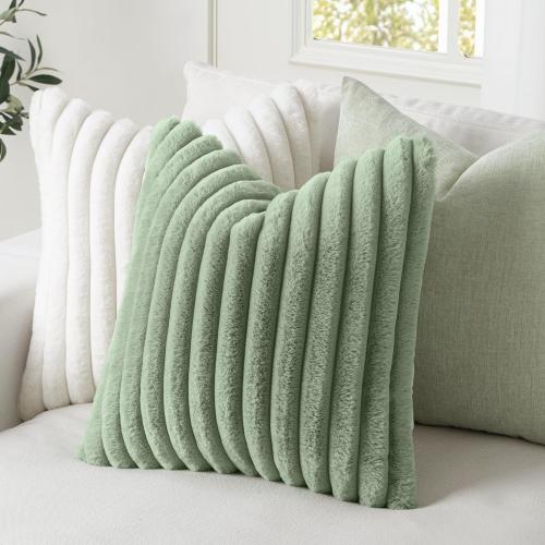 MIULEE Faux Fur Decorative Throw Pillow Covers 18x18 Inch Set of 2, Modern Spring Home Decor Soft Plush Couch Pillows Cozy Fluffy Cushion Covers for Sofa Bed Sage Green