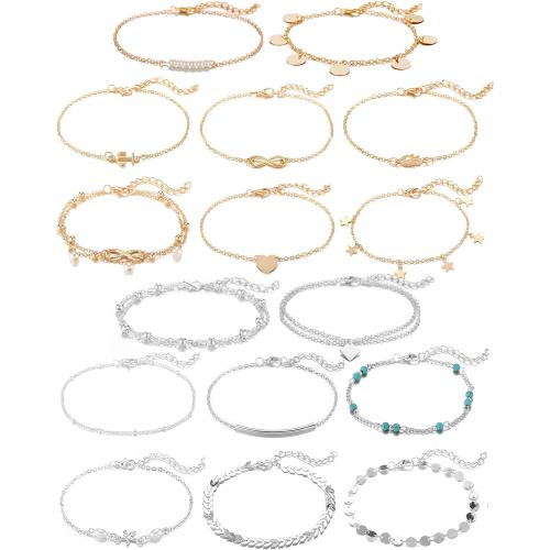 Softones 16Pcs Ankle Bracelets for Women Gold Silver Two Style Chain Beach Anklet Bracelet Jewelry Anklet Set,Adjustable Size