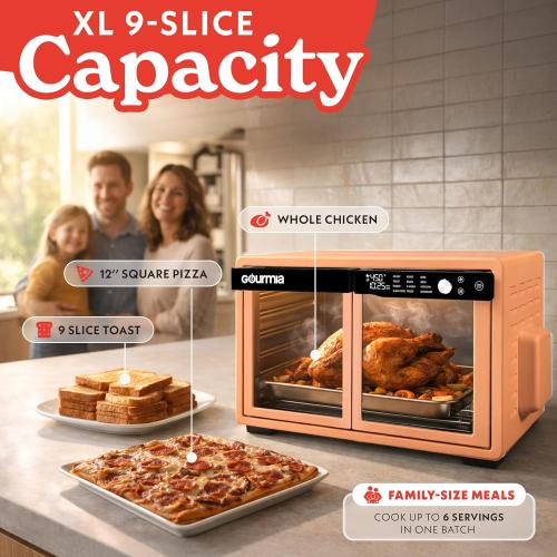 Gourmia French Door Air Fryer Oven - 37 Qt Large Capacity Convection Toaster Oven, FryForce 360°, Digital Display, 12 Cooking Presets, Dehydrate, Fits 13” Pizza, Dishwasher-Safe, Peach‼️needs heavy cleaning ‼️