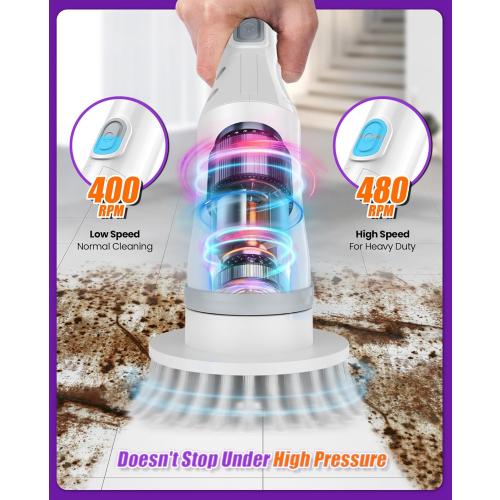 Electric Spin Scrubber, Cordless Shower Scrubber Rotary Floor Brushes & Pad Drivers with 6 Brush Heads - 2H Dual Speed, IPX7 Waterproof Extension Handle for Bathroom Tile Car Cleaning (White)