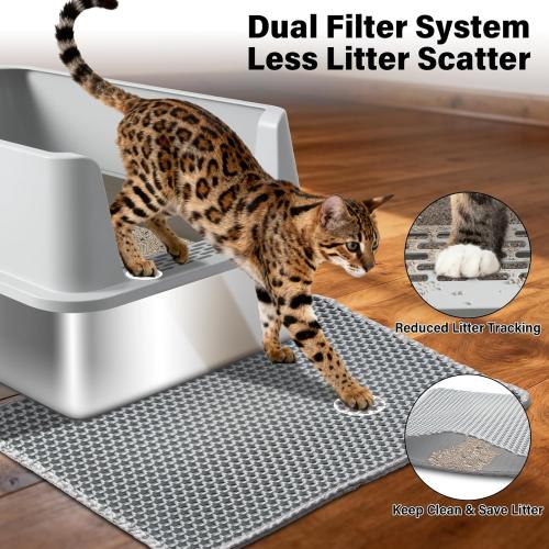 Stainless Steel Litter Box, XL Metal Litter Box with Lid | Large Cat Litter Boxes for Big Cats with High Sides, Easy Cleaning, Non Stick, No Smell, Include Scoop and Mat