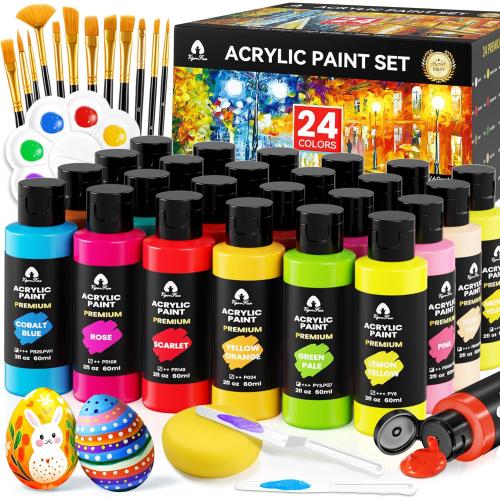 40 Pcs Acrylic Paint Set - 24 Colors (2oz/60ml) with 12 Brushes, 2 Knives & Palette - Rich Pigments for Adult, Artists & Beginners - Painting on Halloween Pumpkin Canvas Ceramic Rock Wood