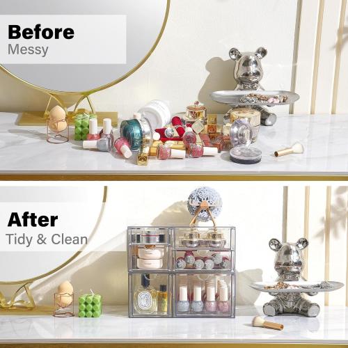 Prsildan Acrylic Drawer Makeup Organizer with 6 Drawers, Set of 2 Office Desk Organizers Accessories, Clear Stackable Storage Drawers for Vanity, Craft, Not for Baby Bottle (Largest Drawer 4 Tall)