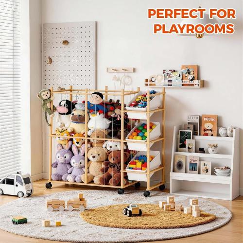 Sevenblue Toy Storage Organizer with 3 Removable Bins, Kids Storage Toy Shelf Organizer for Stuffed Animal Holder for Bedroom Playroom Nursery | Wood & White