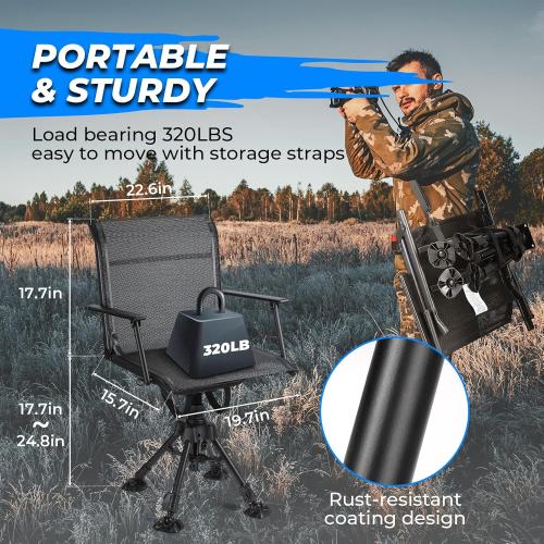 KEMIMOTO Hunting Blind Chair 360° Silent Swivel, Height Adjustable Black | 320 Lbs Capacity, Quick Folding Stable Portable, Swivel Anti-Sink Feet, for Deer Hunting Fishing Camping Ground Blinds