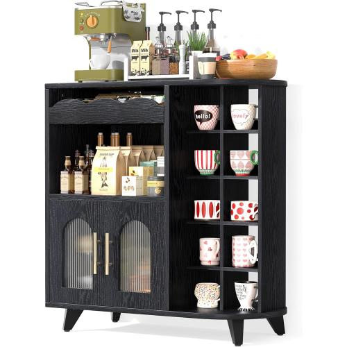 VINAEMO Coffee Bar Cabinet with 24-Cup Display, Large Drawer & Storage,Modern Buffet Sideboard for Kitchen, Medium Wooden Bar Station for Apartment，Black