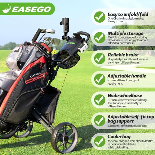 EASEGO Golf Push Cart 3 Wheel : Golf Bag Cart Foldable with Phone Holder/Cup/Umbrella Holder Compact Golf Pull Carts Quick Fold Golf Caddy Push Carts with Large Wheelbase for Different Terrain