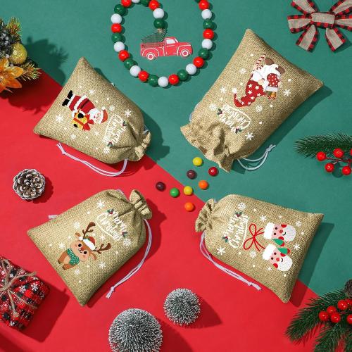 FLOE 72Pcs Christmas Burlap Gift Bags with Drawstring, 5x7in Christmas Linen Treat Bags with Tag, Xmas Candy Bag Small Jute Goody Reusable Gift Wrapping Bag Xmas Holiday Party Favors Sacks
