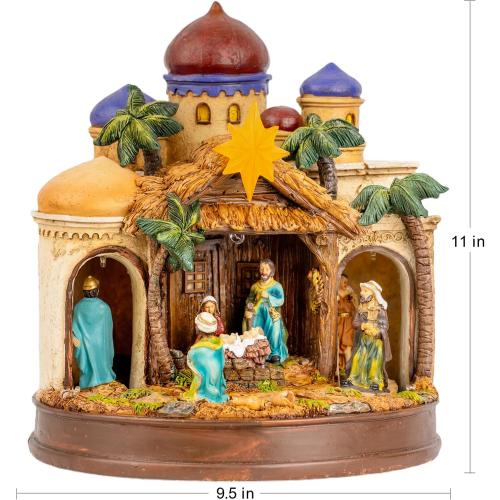 MXwcy Large Christmas Village Collectibles Statues Lighted Nativity Scene Architectural Decorations, Hand-Painted Bethlehem Creche with Holy Family & Magi, Religious Holiday Collectible Statue