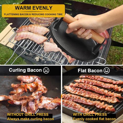 AIVIKI Burger Press, Smash Burger Press for Blackstone Griddle, Heavy Duty Cast Iron Round Bacon Grill Press with Wood Handle, Meat Steak Weight for Sandwich, Paninis (Round)