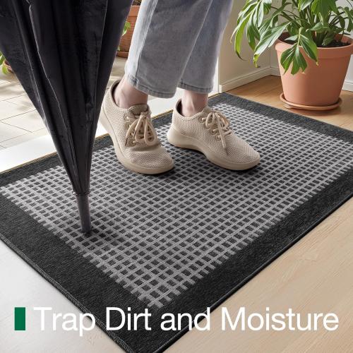 LUMI Inside Door Mat for Entry 17''x30'', Absorbent, Dirt Trapper, Low Profile Thin, Non Slip Mats with Rubber Backing, Ideal for Indoor, High Traffic, Garage, Entrance, Checkered Black