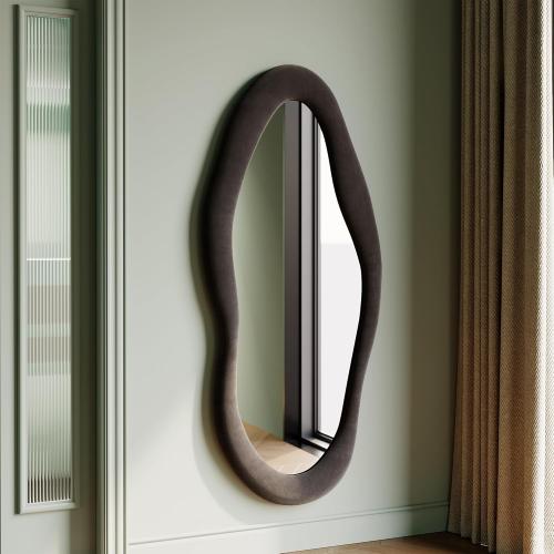 Honyee 55 x 24 Wavy Mirror, Flannel Wrapped Wooden Frame, Irregular Hanging for Cloakroom/Bedroom/Living Room, Black