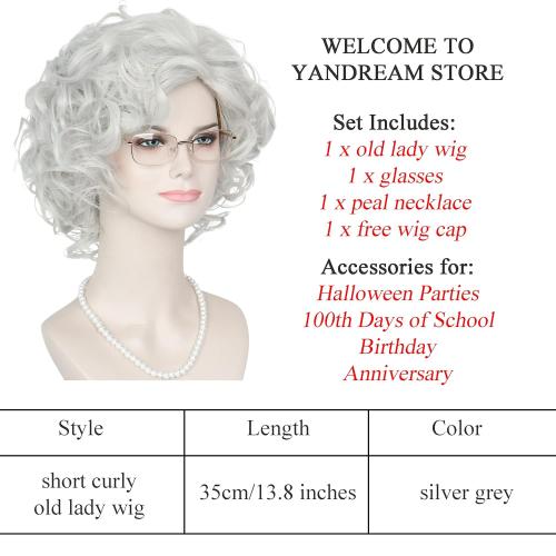 Yan Dream Old Lady Wigs Old Woman Costume Set Silver Grey Grandma Wig Granny Glasses Pearl Necklace for Halloween