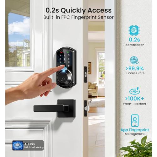 Veise VE07-L Fingerprint App Control Smart Locks with Heavy-Duty Zinc Alloy Handles, Keyless Entry for Front Door, Digital Electronic Touchscreen, Auto Lock, Waterproof, Easy Install, Matte Black