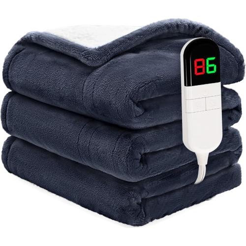 Heated Blanket Twin 62×84 - Premium Cosy Soft Electric Blanket with 6 Heating Levels,Fast Heating Flannel Sherpa Machine Washable Blanket for Bed & Couch - Auto Shut Off(Navy Blue)
