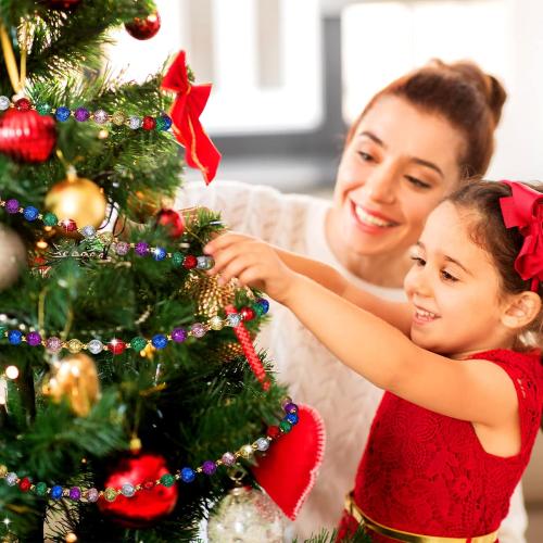 17ft Christmas Tree Beads Garland - Glitter Ball Colorful Red Green Gold Beads for Xmas Decor - Holiday Hanging Decorations for Home Mantel