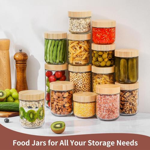 DRKIO 24 Oz Overnight Oats Containers with Bamboo Lids - 4 Pack Glass Storage Jars with Airtight Lids Wide Mouth Mason Food Jars Great for Meal Prep Salad Chia Pudding Snacks Yogurt Sugar Spice
