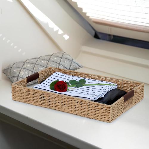 Size 20x12 Color Brown Handwoven Multipurpose Rectangle Rattan Tray, 20” x 12” – Durable Wicker Tray with Leather Handles for Home Decor Display