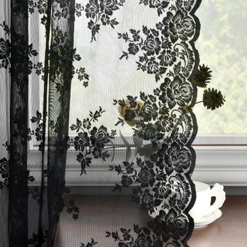Kotile Black Lace Curtains 54 Inch Length 2 Panels, Country Rustic Floral Pattern Gothic Sheer Curtains for Bedroom, Rod Pocket Vintage Privacy Sheer Lace Curtain, 42 x 54 Inch, 1 Pair, Black