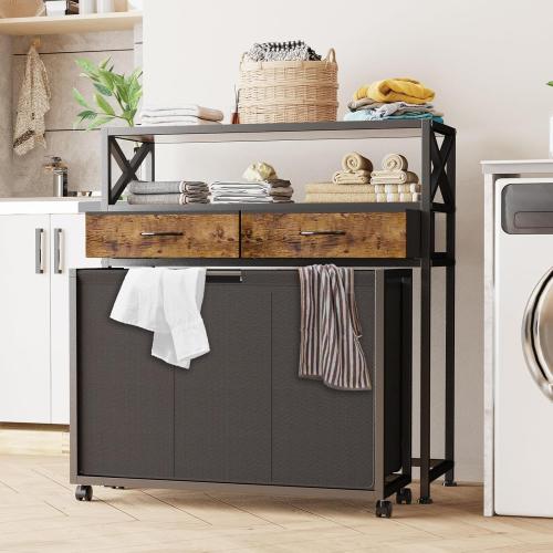 Laundry Hamper 3 Section, 150L Rolling Laundry Sorter Basket with 2 Shelves and 2 Drawers, 3 Compartment Clothes Organizer Cart with Wheels, Pull-Out Bags for Laundry Room, Bathroom, Bedroom