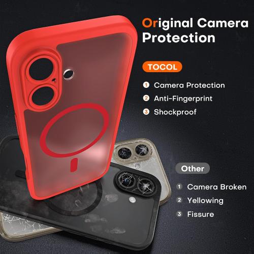 TOCOL Magnetic for 16 Red Case, Upgraded Full Camera Protection, Compatible with Magsafe, Drop Protection, Translucent Matte Back Bumper Phone Cover 6.1-Inch (Red)